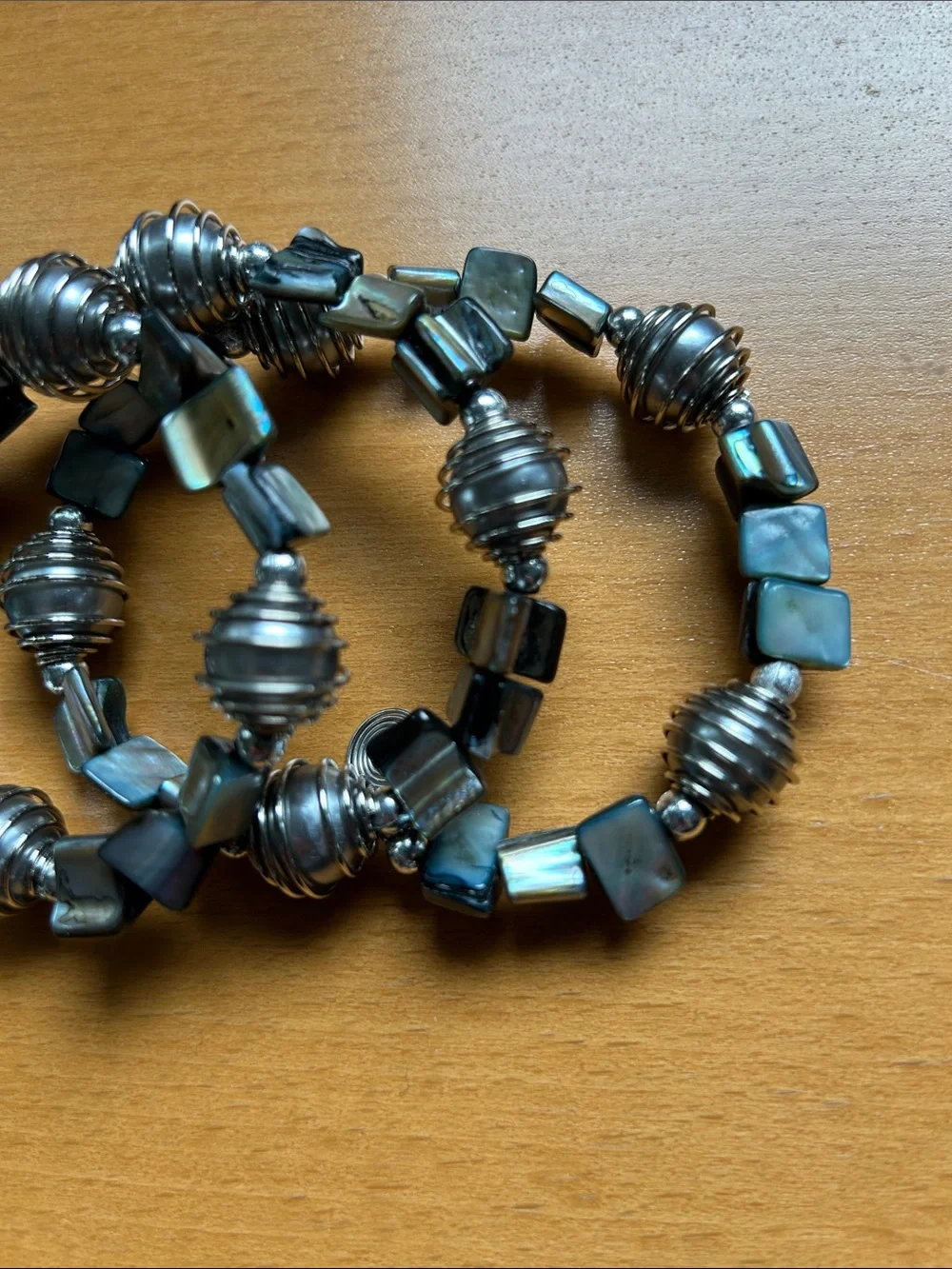 Iridescent Black Pearl & Silver Beaded Coiled Stretch Bracelet